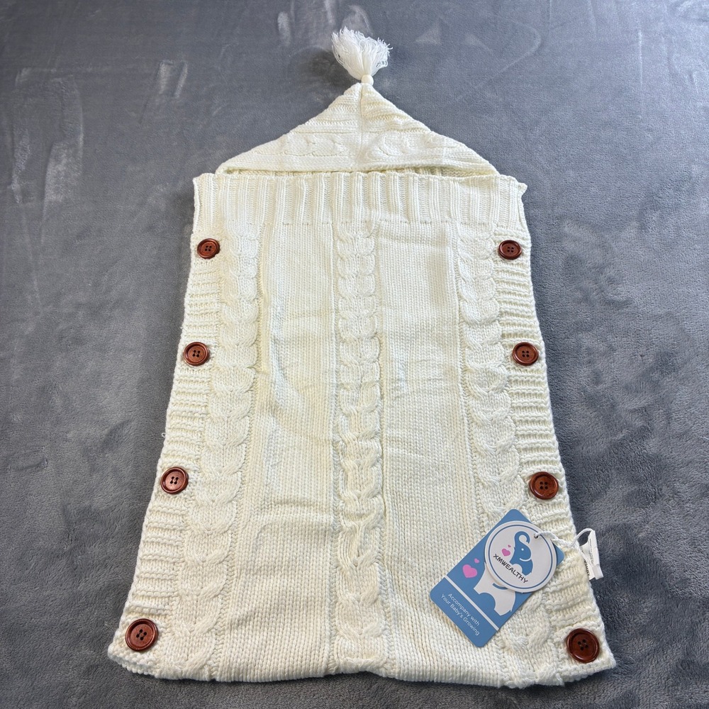NWT XMWEALTHY Baby Cable Knit Swaddle Blanket Hooded Button Sleep Sack Cream